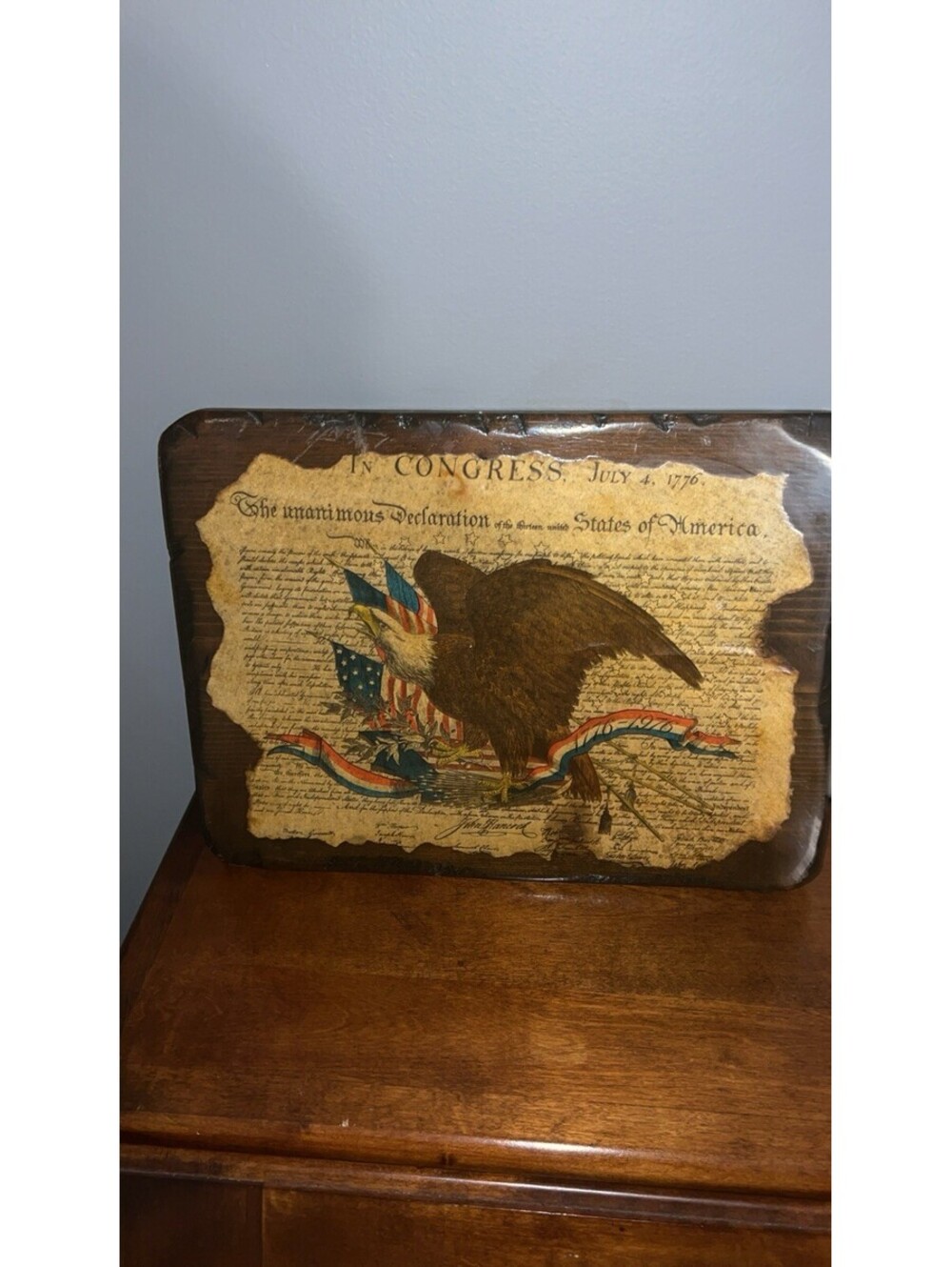 Vintage Decoupage Patriotic Eagle Print Mounted On Wood Wall Art